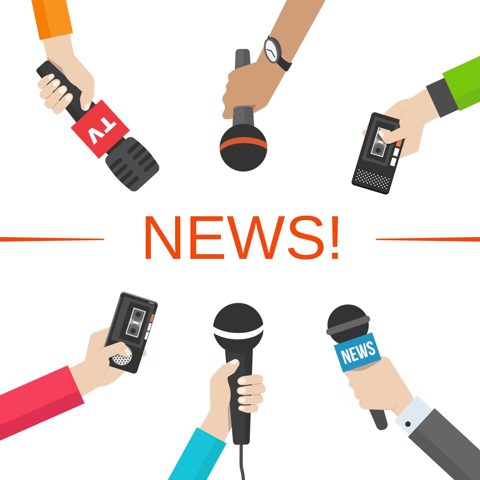 Set of hands holding microphones and voice recorders. News and journalism concept. Vector illusatration. Fonte: Freepik
